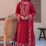 JADE Luxury Embroidered Lawn Unstitched 3 Piece Suit for Women - Premium Festive Collection (Shirt, Sleeves, Dupatta with Pallu Motifs & Plain Trouser) - Maroon/Red