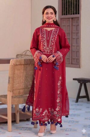 JADE Luxury Embroidered Lawn Unstitched 3 Piece Suit for Women - Premium Festive Collection (Shirt, Sleeves, Dupatta with Pallu Motifs & Plain Trouser) - Maroon/Red