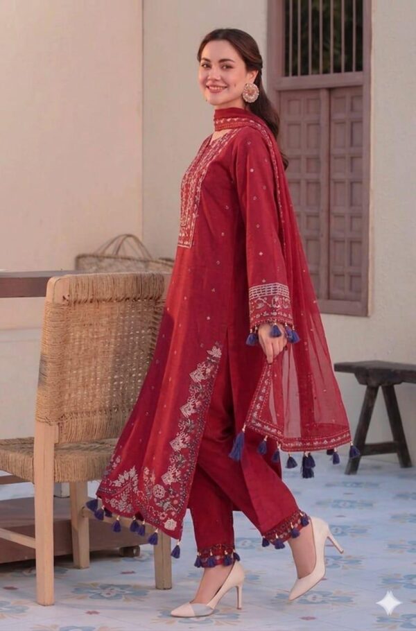 CRIMSON Luxury Chikankari Lawn Unstitched 3 Piece Suit for Women - Premium Summer Festive Collection (Embroidered Chiffon Dupatta, Chikankari Shirt & Sleeves)