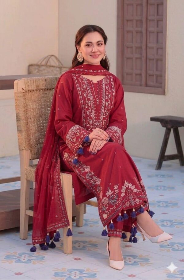 CRIMSON Luxury Chikankari Lawn Unstitched 3 Piece Suit for Women - Premium Summer Festive Collection (Embroidered Chiffon Dupatta, Chikankari Shirt & Sleeves)
