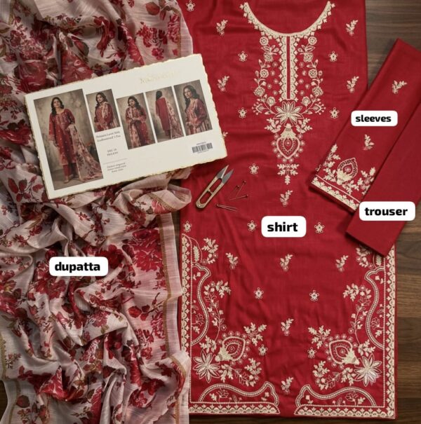MOHAGNI Luxury Embroidered Lawn Unstitched 3 Piece Suit with Printed Monark Voil Dupatta